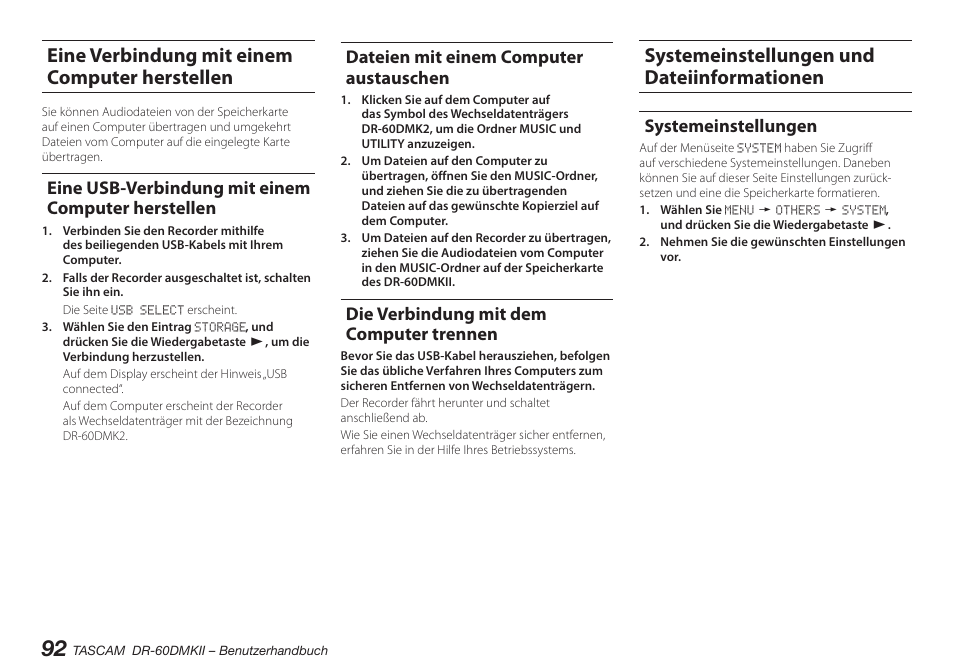 Eine verbindung mit einem computer herstellen, Eine usb-verbindung mit einem computer herstellen, Dateien mit einem computer austauschen | Die verbindung mit dem computer trennen, Systemeinstellungen und dateiinformationen, Systemeinstellungen | Teac DR-60DMKII User Manual | Page 92 / 152