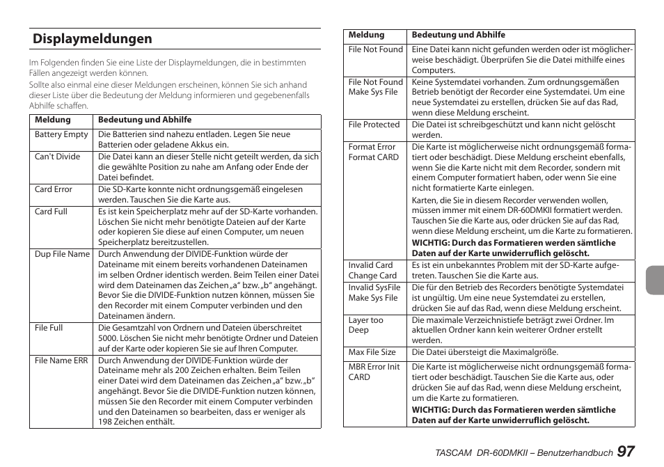 Displaymeldungen | Teac DR-60DMKII User Manual | Page 97 / 152