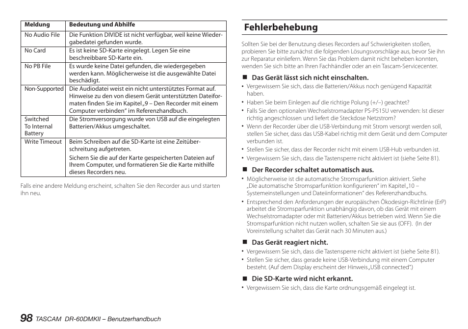 Fehlerbehebung | Teac DR-60DMKII User Manual | Page 98 / 152