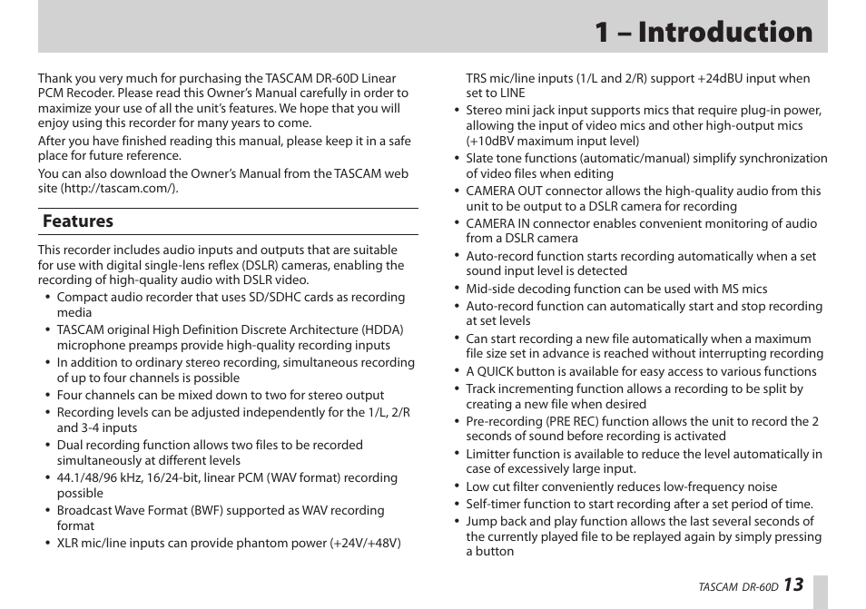 1 – introduction, Features | Teac DR-60D User Manual | Page 13 / 100