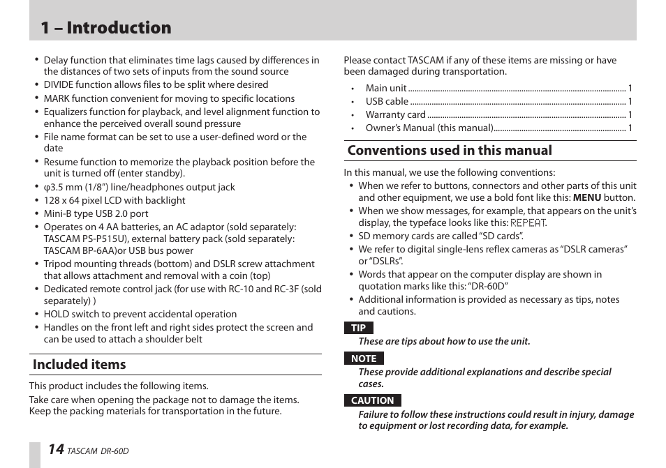 Included items, Conventions used in this manual, Included items conventions used in this manual | 1 – introduction | Teac DR-60D User Manual | Page 14 / 100