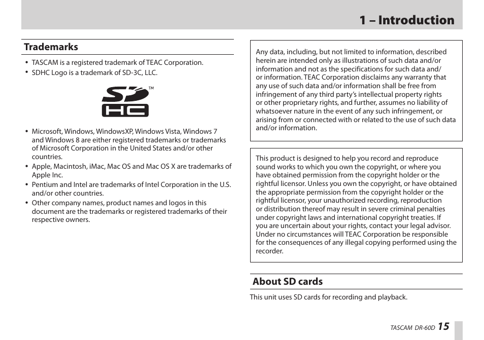 Trademarks, About sd cards, Trademarks about sd cards | 1 – introduction | Teac DR-60D User Manual | Page 15 / 100