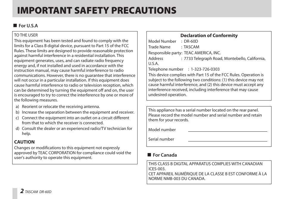 Important safety precautions | Teac DR-60D User Manual | Page 2 / 100