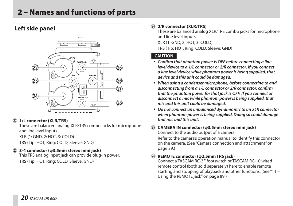 Left side panel, 2 – names and functions of parts | Teac DR-60D User Manual | Page 20 / 100