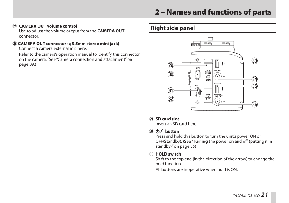 Right side panel, 2 – names and functions of parts | Teac DR-60D User Manual | Page 21 / 100