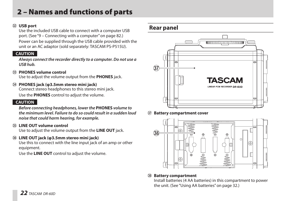 Rear panel, 2 – names and functions of parts | Teac DR-60D User Manual | Page 22 / 100