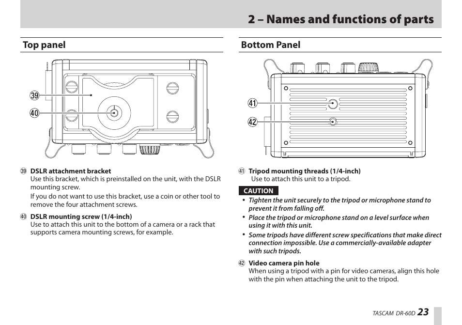 Top panel, Bottom panel, Top panel bottom panel | 2 – names and functions of parts | Teac DR-60D User Manual | Page 23 / 100