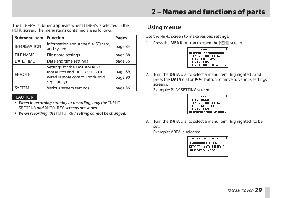 Using menus, 2 – names and functions of parts | Teac DR-60D User Manual | Page 29 / 100