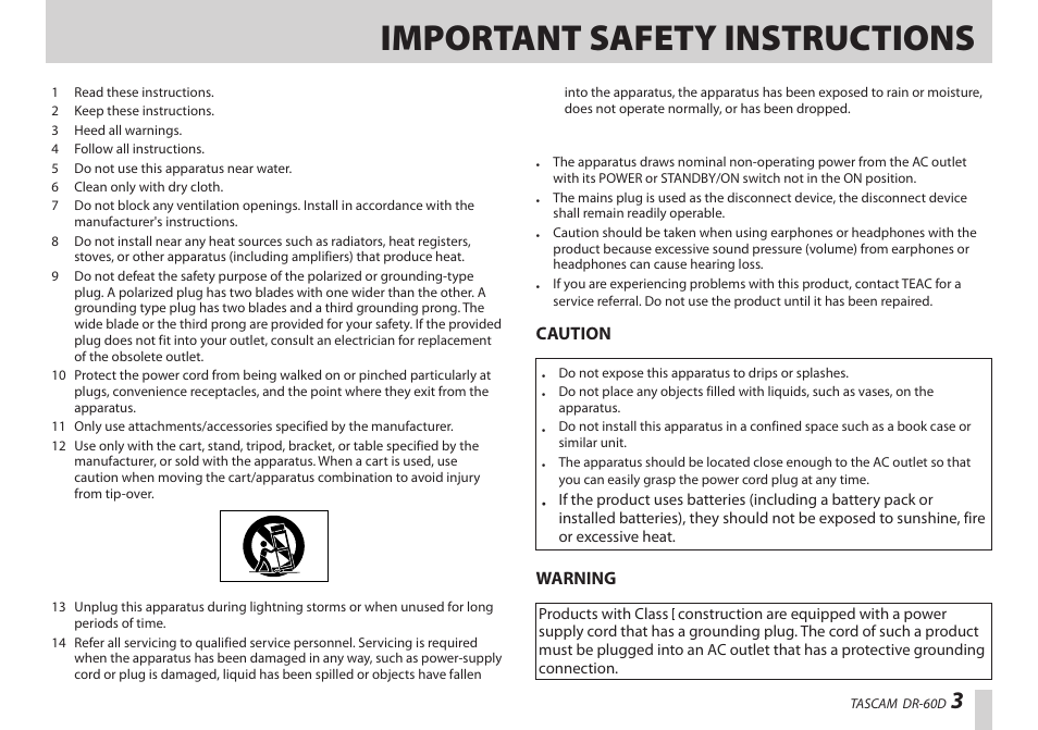 Important safety instructions | Teac DR-60D User Manual | Page 3 / 100