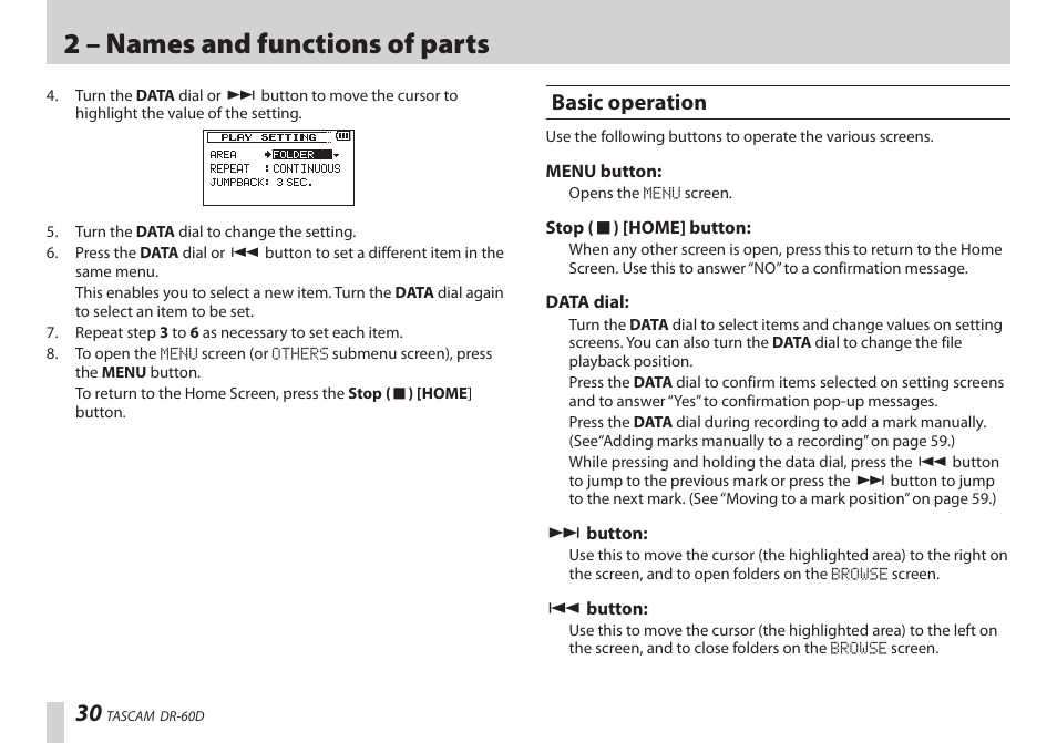 Basic operation, 2 – names and functions of parts | Teac DR-60D User Manual | Page 30 / 100