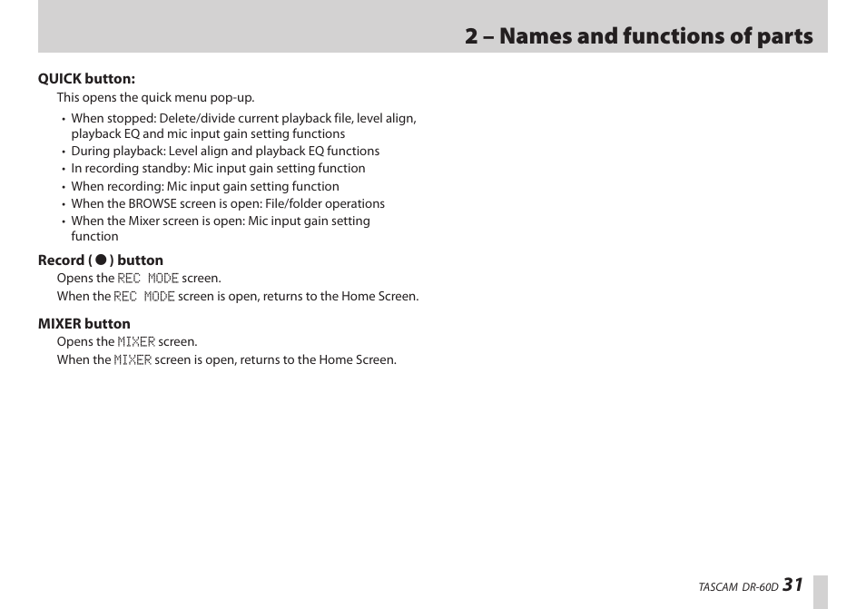 2 – names and functions of parts | Teac DR-60D User Manual | Page 31 / 100