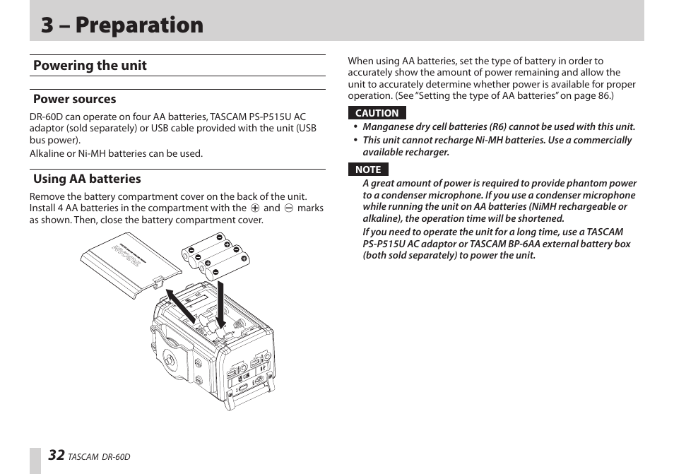 3 – preparation, Powering the unit, Power sources | Using aa batteries, Power sources using aa batteries | Teac DR-60D User Manual | Page 32 / 100