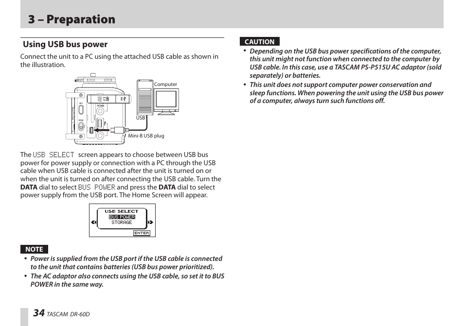 Using usb bus power, 3 – preparation | Teac DR-60D User Manual | Page 34 / 100