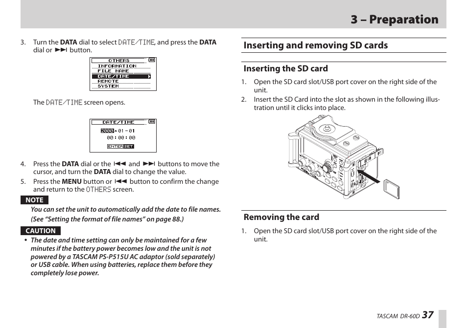 Inserting and removing sd cards, Inserting the sd card, Removing the card | Inserting the sd card removing the card, 3 – preparation | Teac DR-60D User Manual | Page 37 / 100