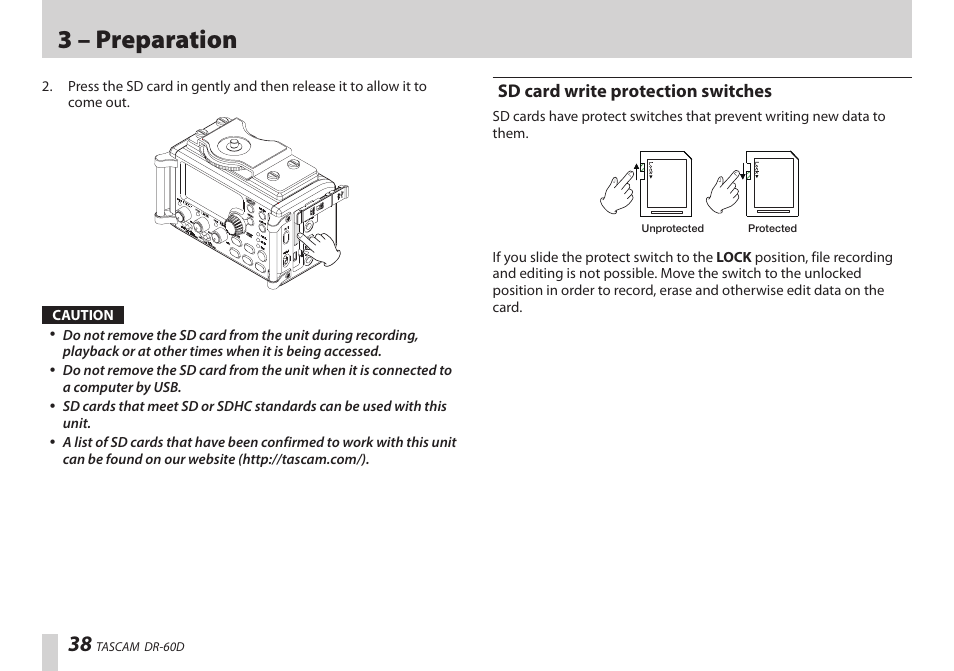 Sd card write protection switches, 3 – preparation | Teac DR-60D User Manual | Page 38 / 100