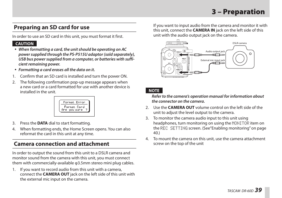 Preparing an sd card for use, Camera connection and attachment, Ee “camera connection and attachment” on | 3 – preparation | Teac DR-60D User Manual | Page 39 / 100