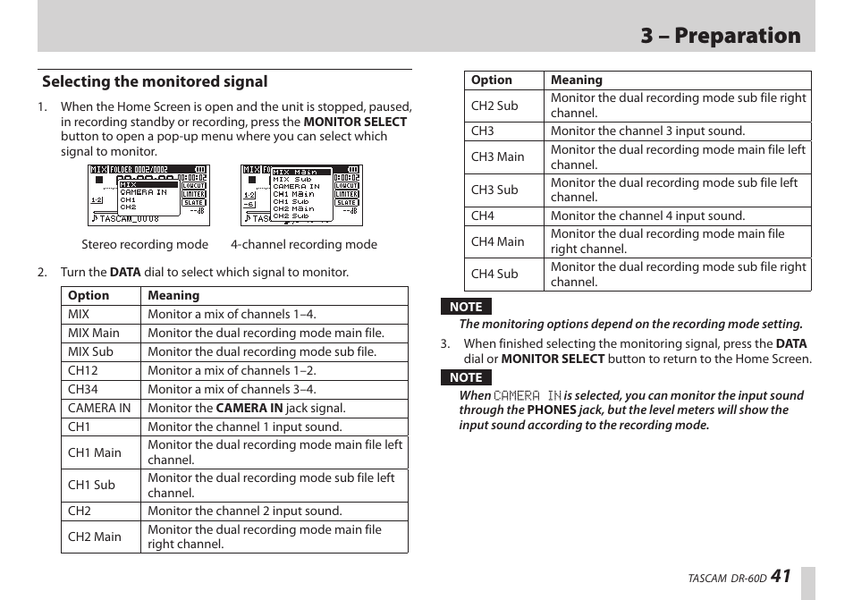 Selecting the monitored signal, 3 – preparation | Teac DR-60D User Manual | Page 41 / 100