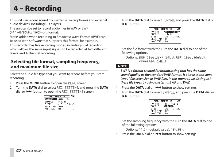 4 – recording | Teac DR-60D User Manual | Page 42 / 100