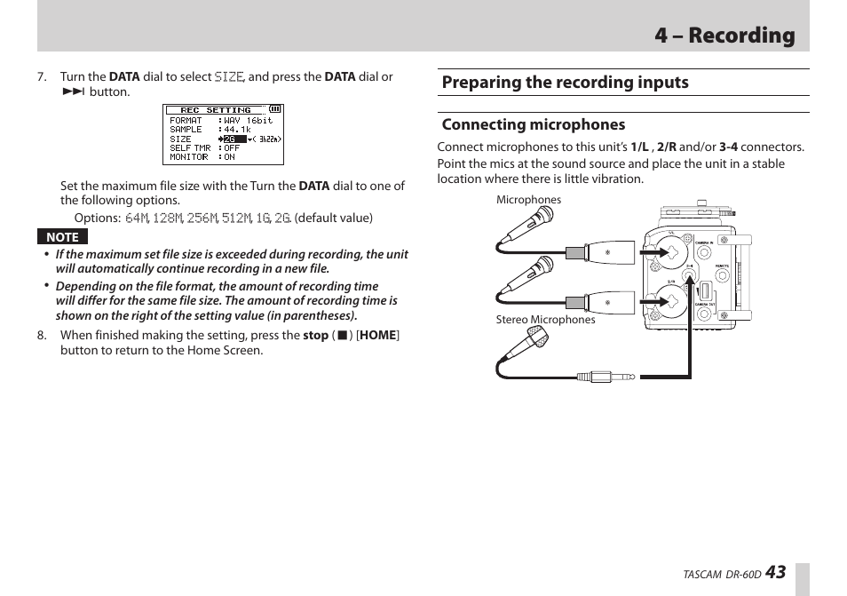 Preparing the recording inputs, Connecting microphones, 4 – recording | Teac DR-60D User Manual | Page 43 / 100