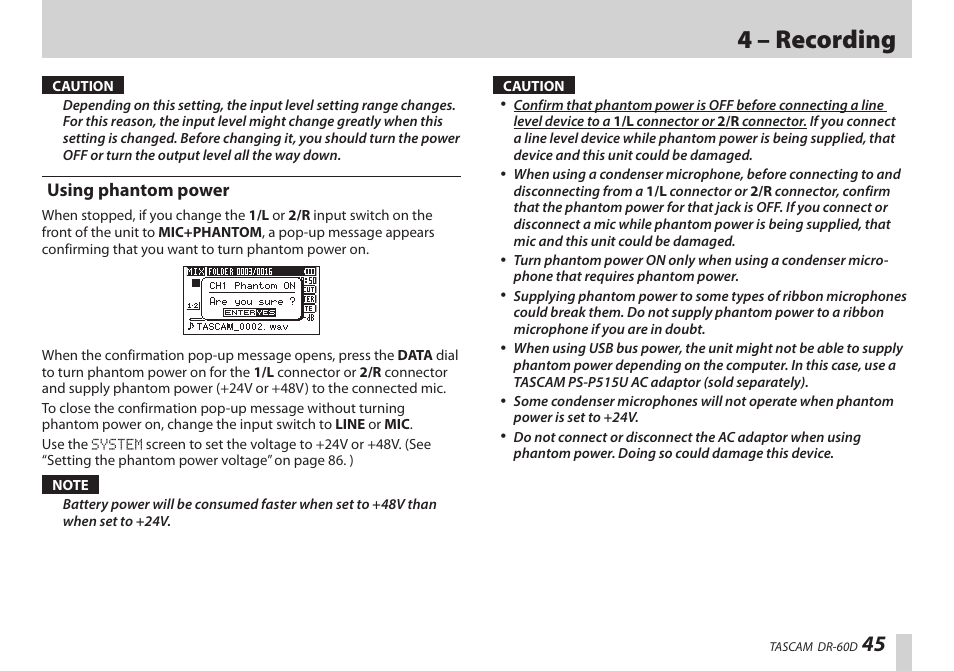 Using phantom power, 4 – recording | Teac DR-60D User Manual | Page 45 / 100