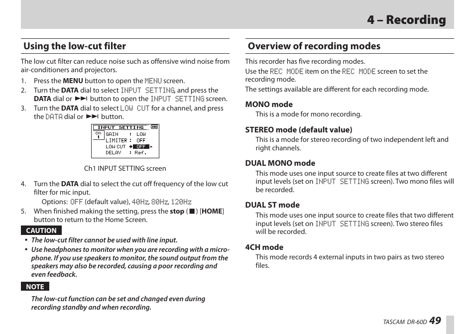 Using the low-cut filter, Overview of recording modes, Ee “using the | 4 – recording | Teac DR-60D User Manual | Page 49 / 100