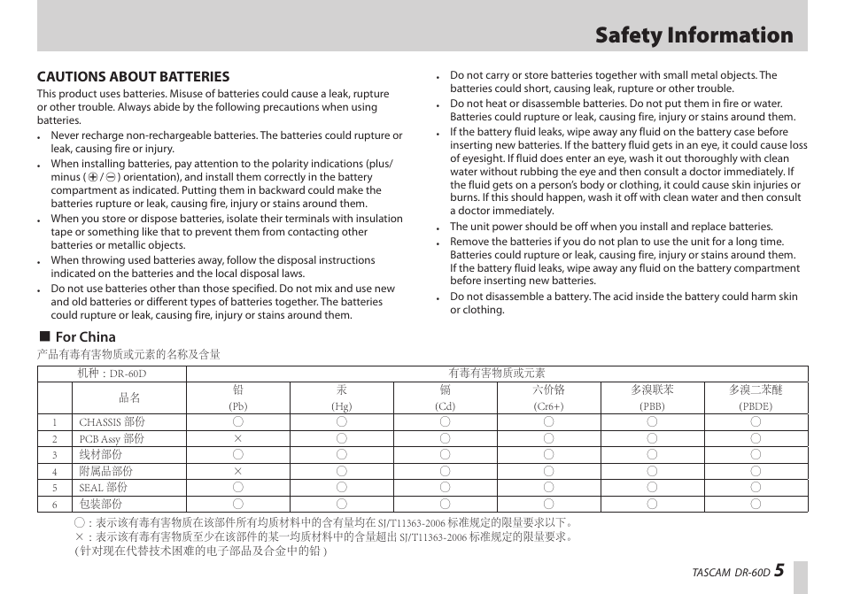 Safety information, Cautions about batteries, 8 for china | Teac DR-60D User Manual | Page 5 / 100