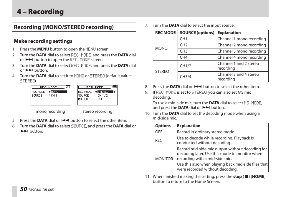 Recording (mono/stereo recording), Make recording settings, 4 – recording | Teac DR-60D User Manual | Page 50 / 100