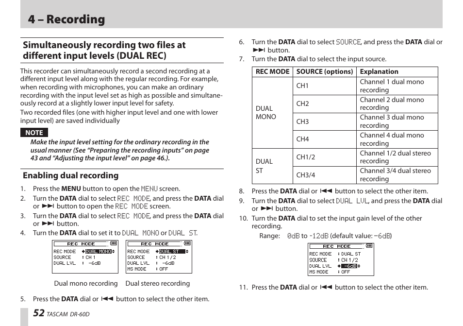 Enabling dual recording, 4 – recording | Teac DR-60D User Manual | Page 52 / 100