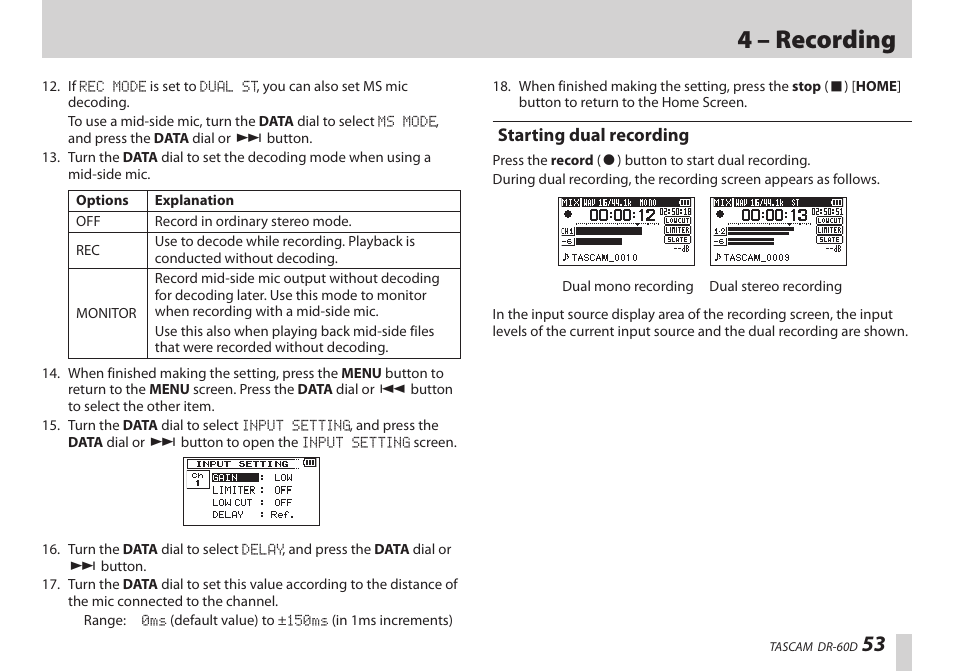 Starting dual recording, 4 – recording | Teac DR-60D User Manual | Page 53 / 100