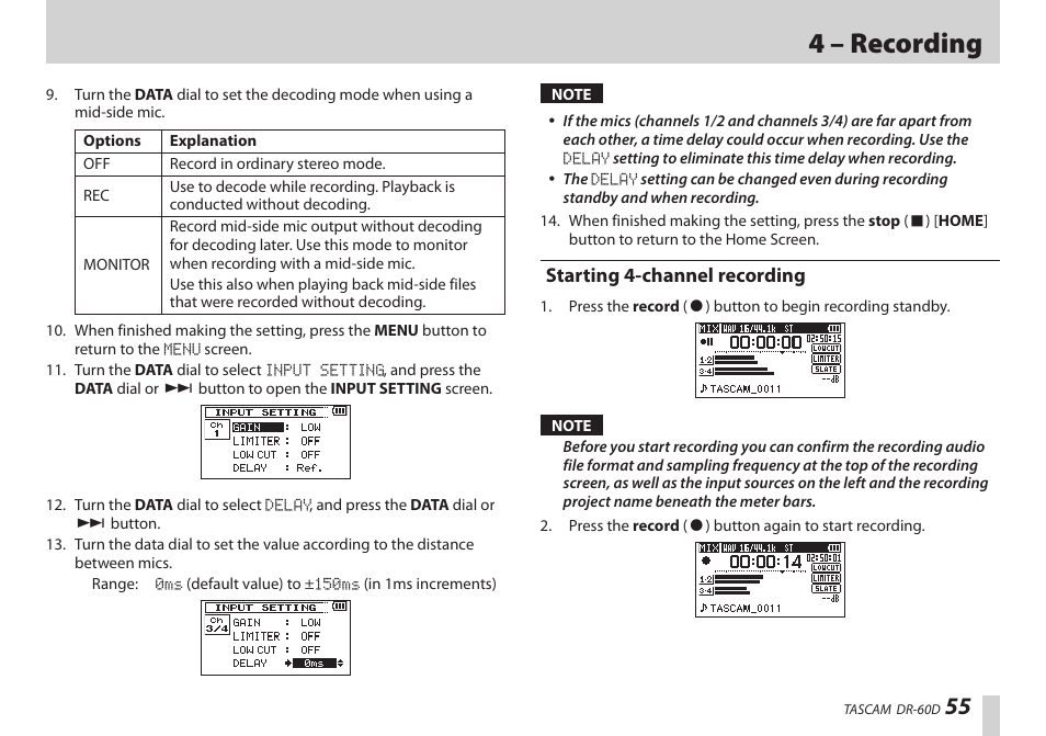 Starting 4-channel recording, 4 – recording | Teac DR-60D User Manual | Page 55 / 100