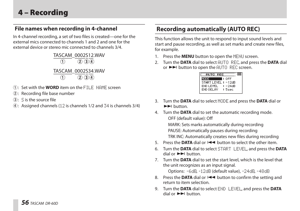 File names when recording in 4-channel, Recording automatically (auto rec), 4 – recording | Teac DR-60D User Manual | Page 56 / 100