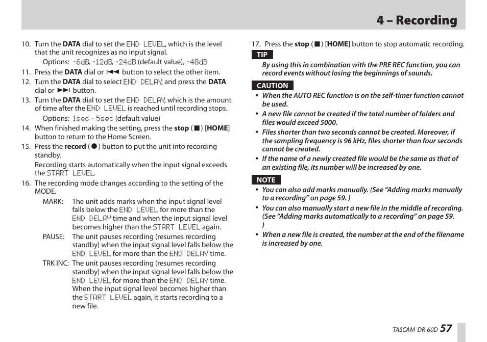 4 – recording | Teac DR-60D User Manual | Page 57 / 100