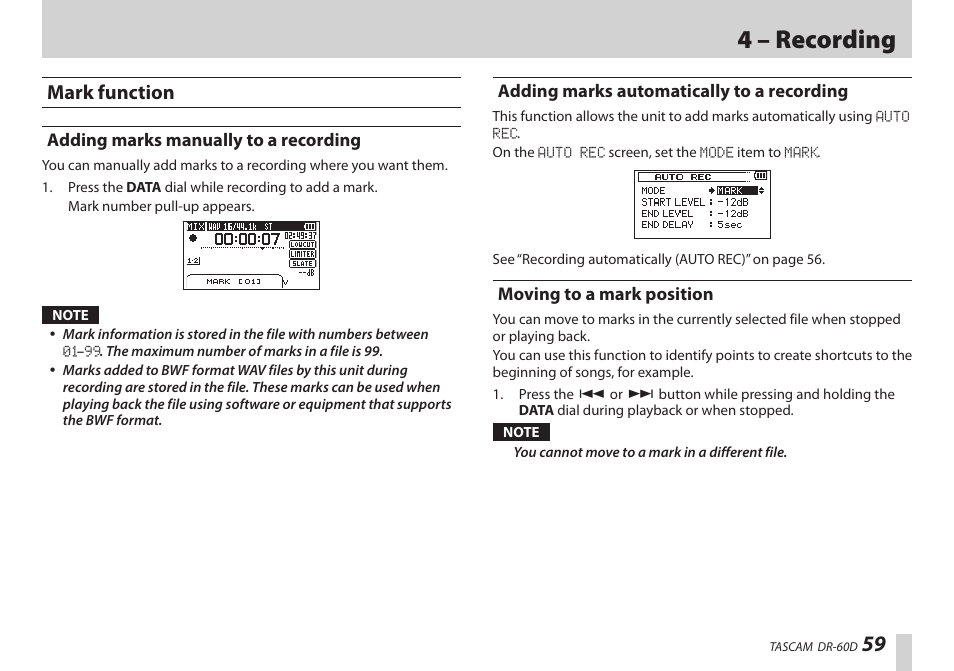 Mark function, Adding marks manually to a recording, Adding marks automatically to a recording | Moving to a mark position, 4 – recording | Teac DR-60D User Manual | Page 59 / 100