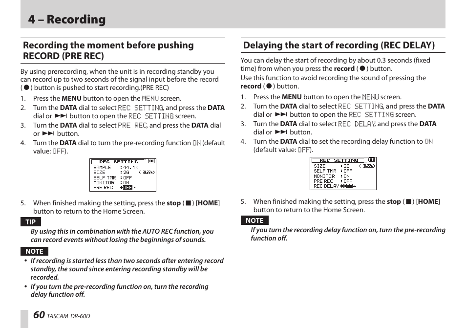 Delaying the start of recording (rec delay), 4 – recording | Teac DR-60D User Manual | Page 60 / 100