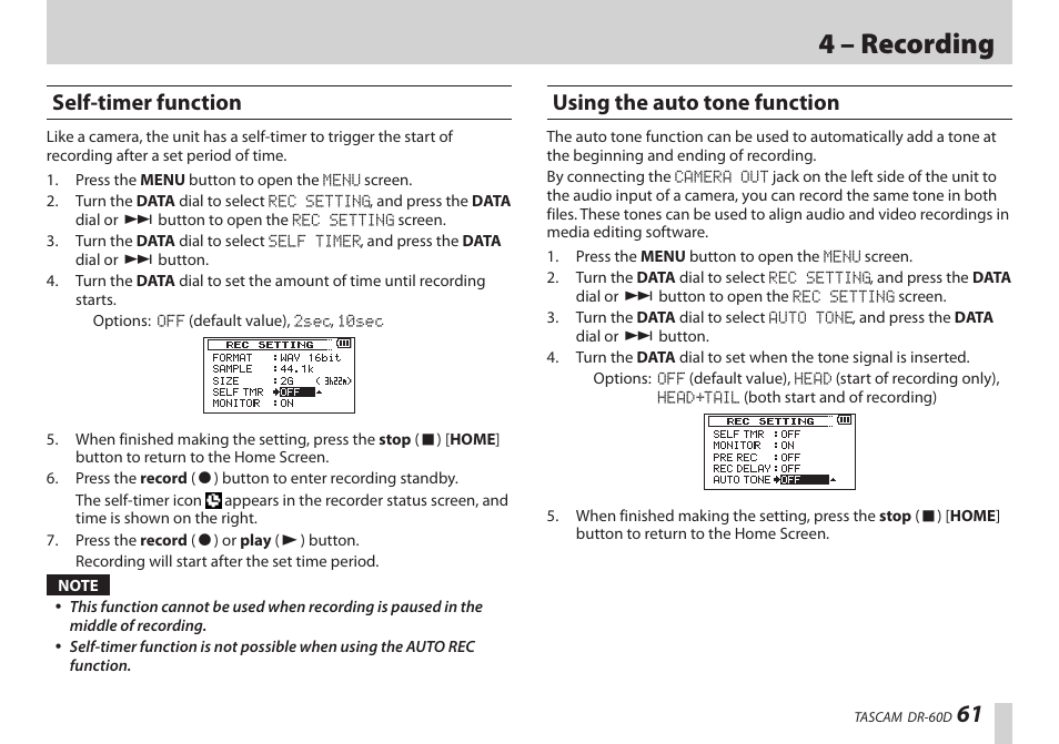 Self-timer function, Using the auto tone function, Self-timer function using the auto tone function | 4 – recording | Teac DR-60D User Manual | Page 61 / 100