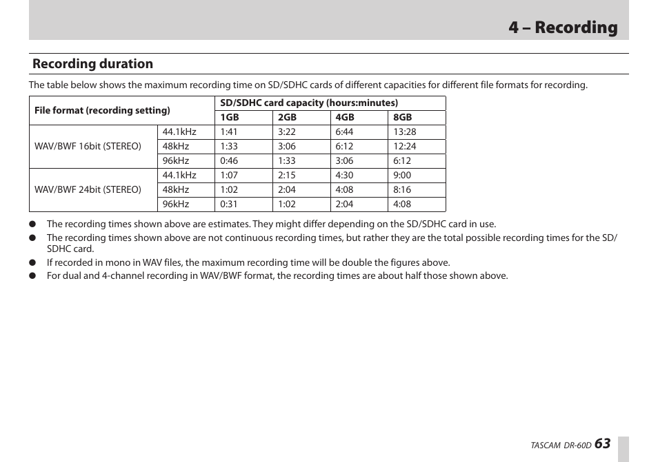 Recording duration, 4 – recording | Teac DR-60D User Manual | Page 63 / 100