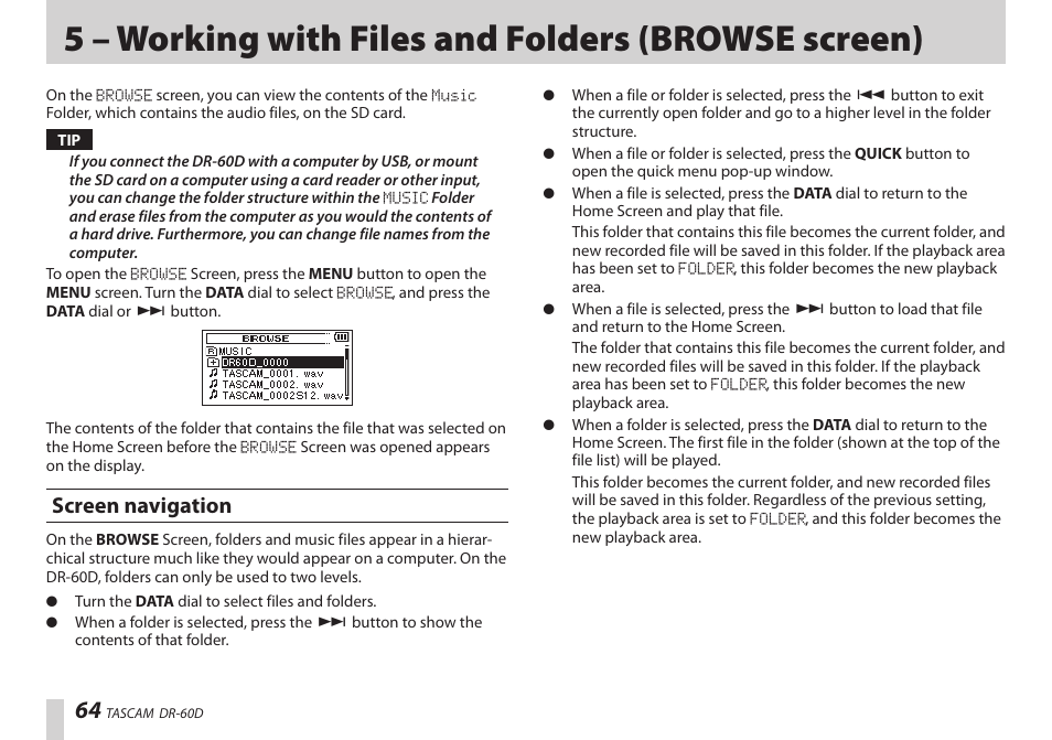 5 – working with files and folders (browse screen), Screen navigation | Teac DR-60D User Manual | Page 64 / 100