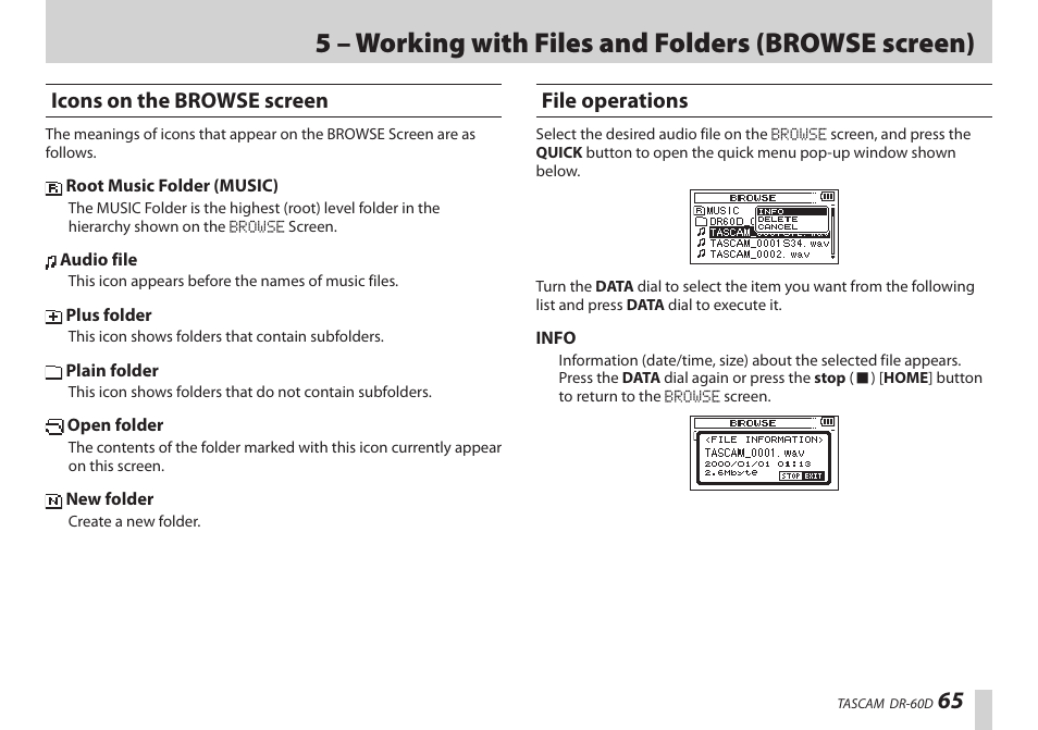 Icons on the browse screen, File operations, Icons on the browse screen file operations | 5 – working with files and folders (browse screen) | Teac DR-60D User Manual | Page 65 / 100