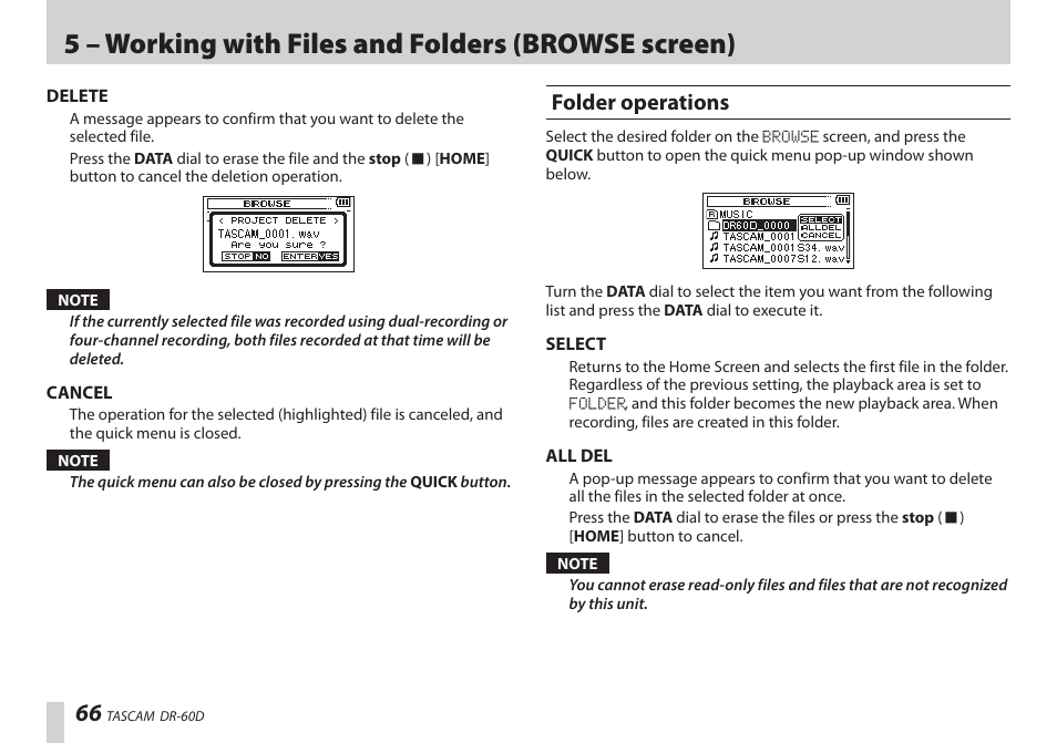 Folder operations, 5 – working with files and folders (browse screen) | Teac DR-60D User Manual | Page 66 / 100