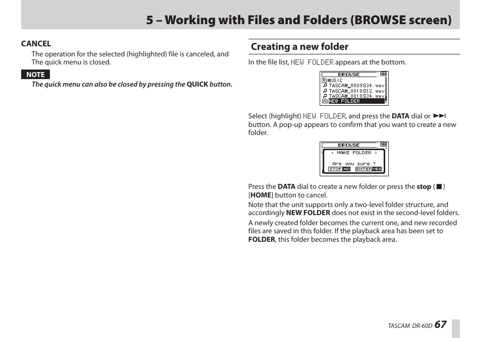 Creating a new folder, 5 – working with files and folders (browse screen) | Teac DR-60D User Manual | Page 67 / 100