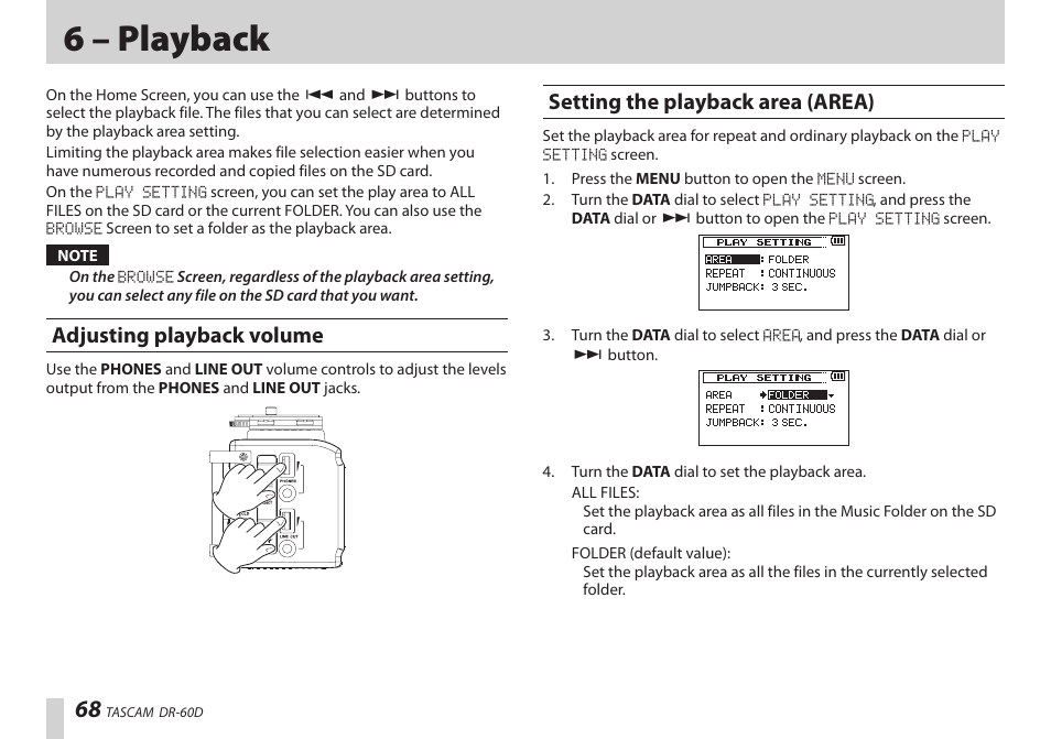 6 – playback, Adjusting playback volume, Setting the playback area (area) | Teac DR-60D User Manual | Page 68 / 100