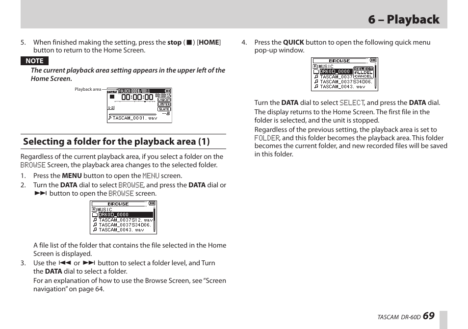 Selecting a folder for the playback area (1), 6 – playback | Teac DR-60D User Manual | Page 69 / 100