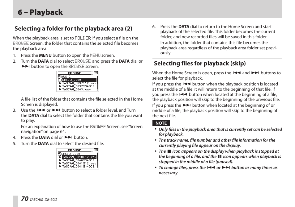 Selecting a folder for the playback area (2), Selecting files for playback (skip), 6 – playback | Teac DR-60D User Manual | Page 70 / 100