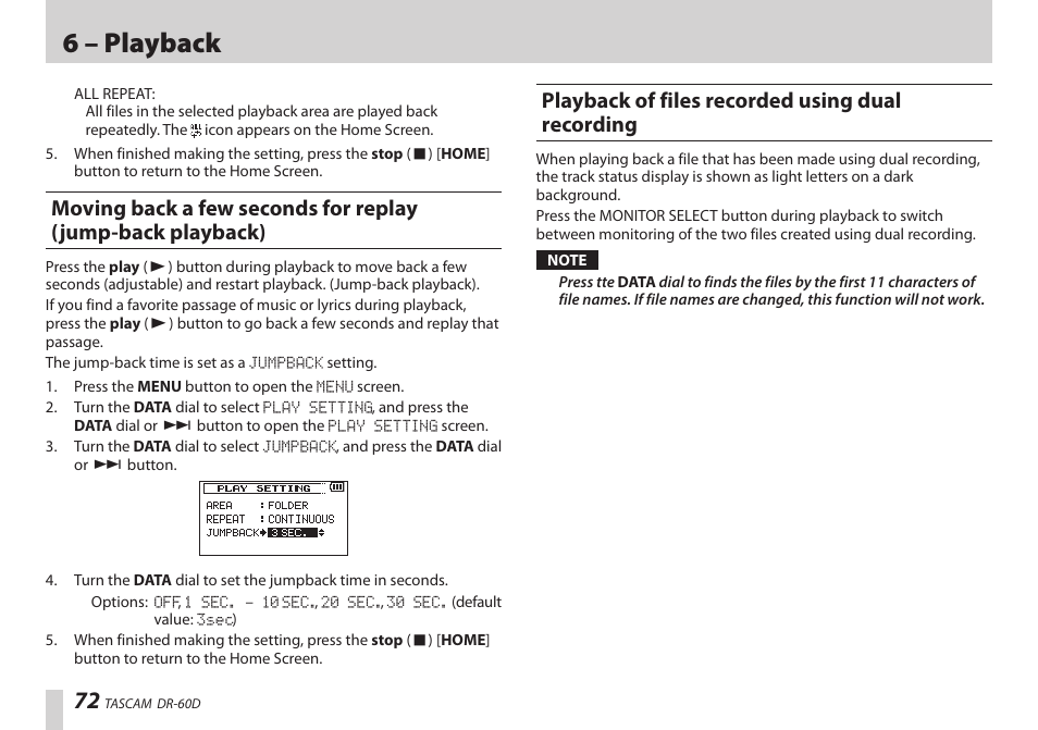 Playback of files recorded using dual recording, 6 – playback | Teac DR-60D User Manual | Page 72 / 100