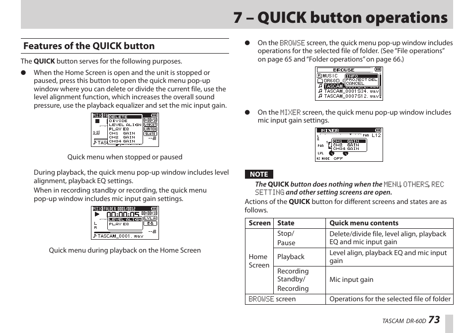 7 – quick button operations, Features of the quick button | Teac DR-60D User Manual | Page 73 / 100