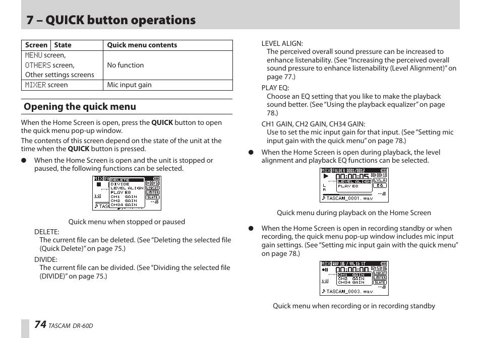 Opening the quick menu, 7 – quick button operations | Teac DR-60D User Manual | Page 74 / 100