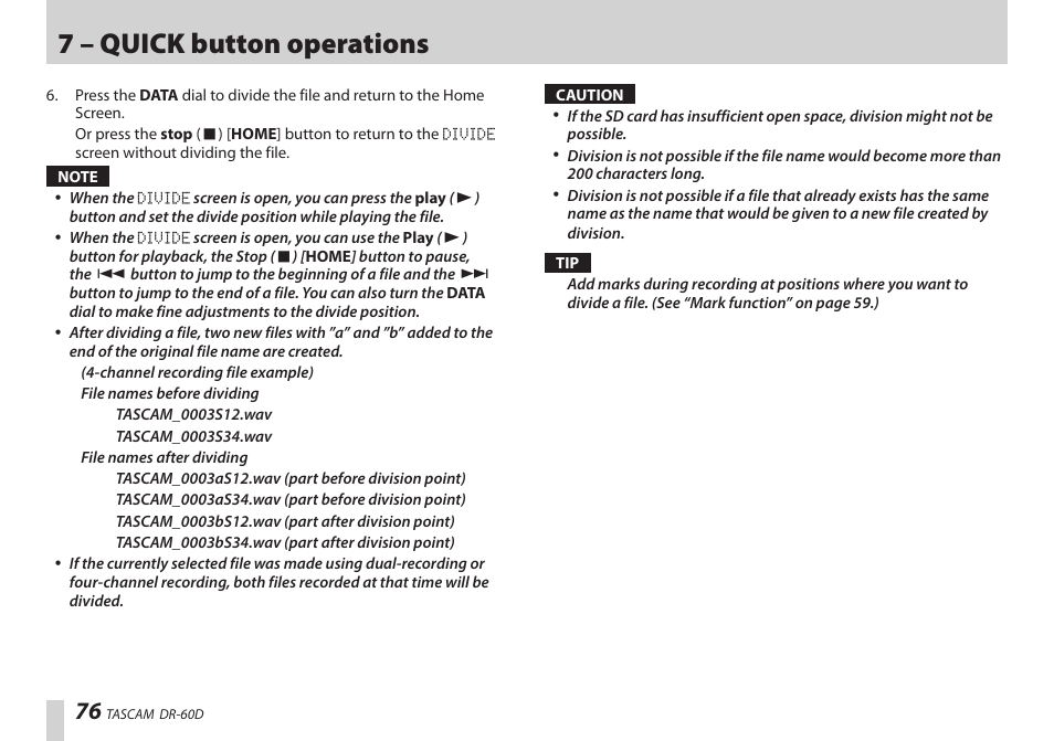 7 – quick button operations | Teac DR-60D User Manual | Page 76 / 100