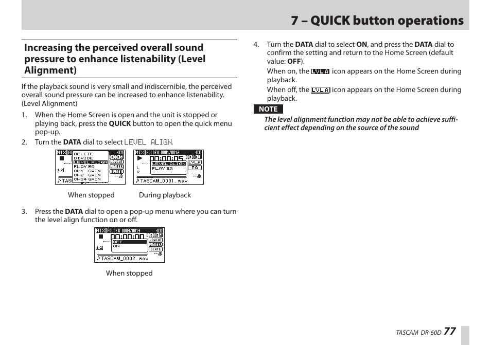 Ee “increasing the perceived overall, 7 – quick button operations | Teac DR-60D User Manual | Page 77 / 100