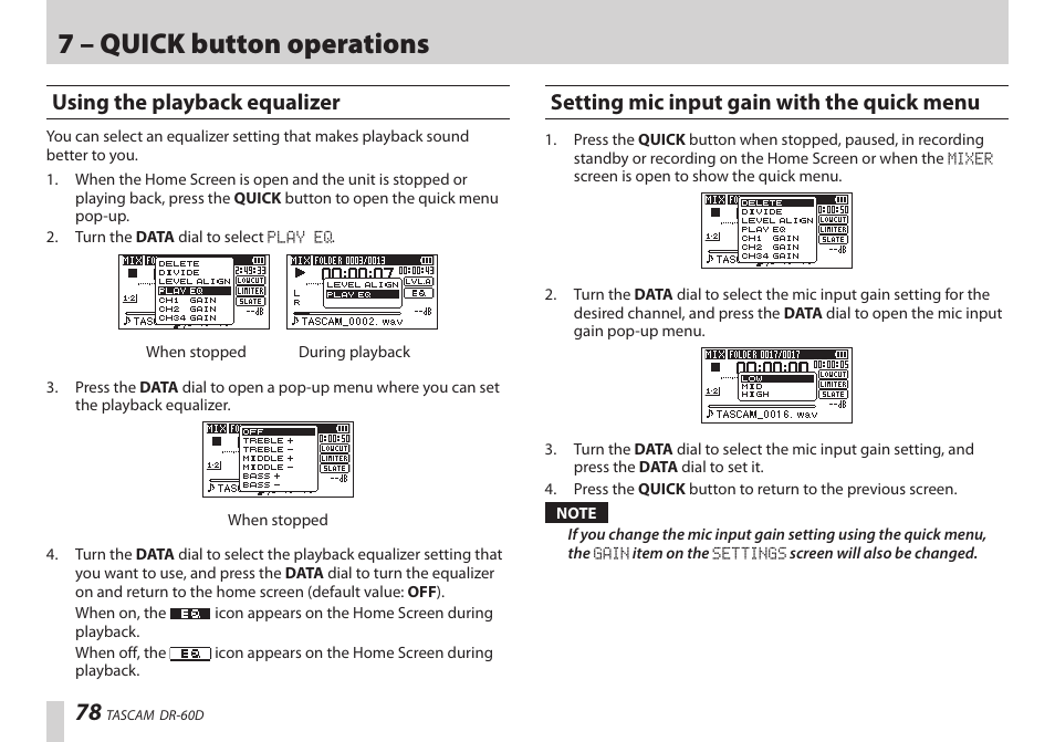 Using the playback equalizer, Setting mic input gain with the quick menu, Ee “setting mic | Ee “setting mic input gain with the quick menu, 7 – quick button operations | Teac DR-60D User Manual | Page 78 / 100