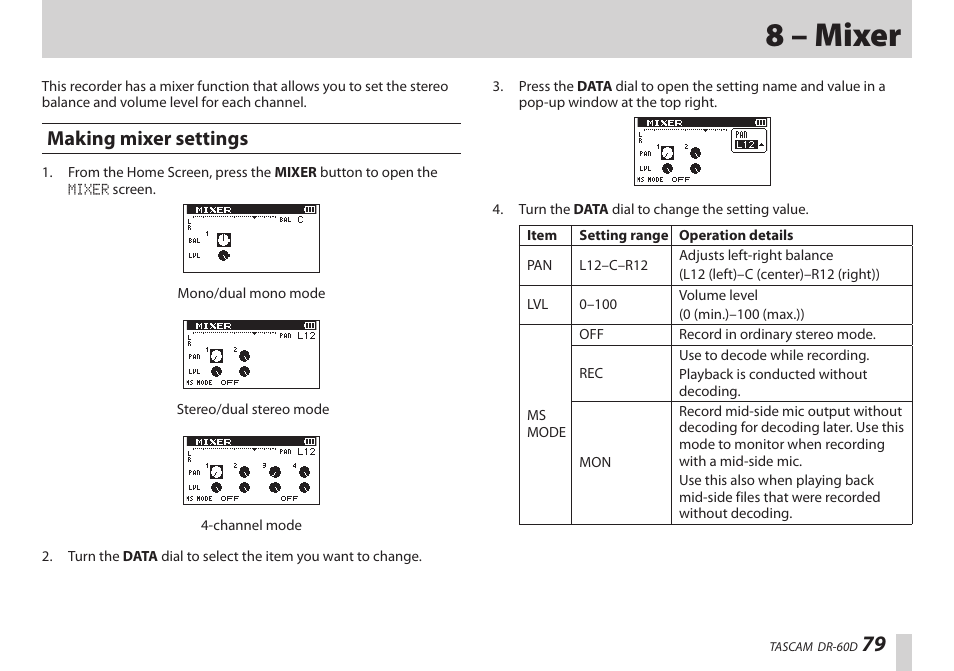 8 – mixer, Making mixer settings | Teac DR-60D User Manual | Page 79 / 100